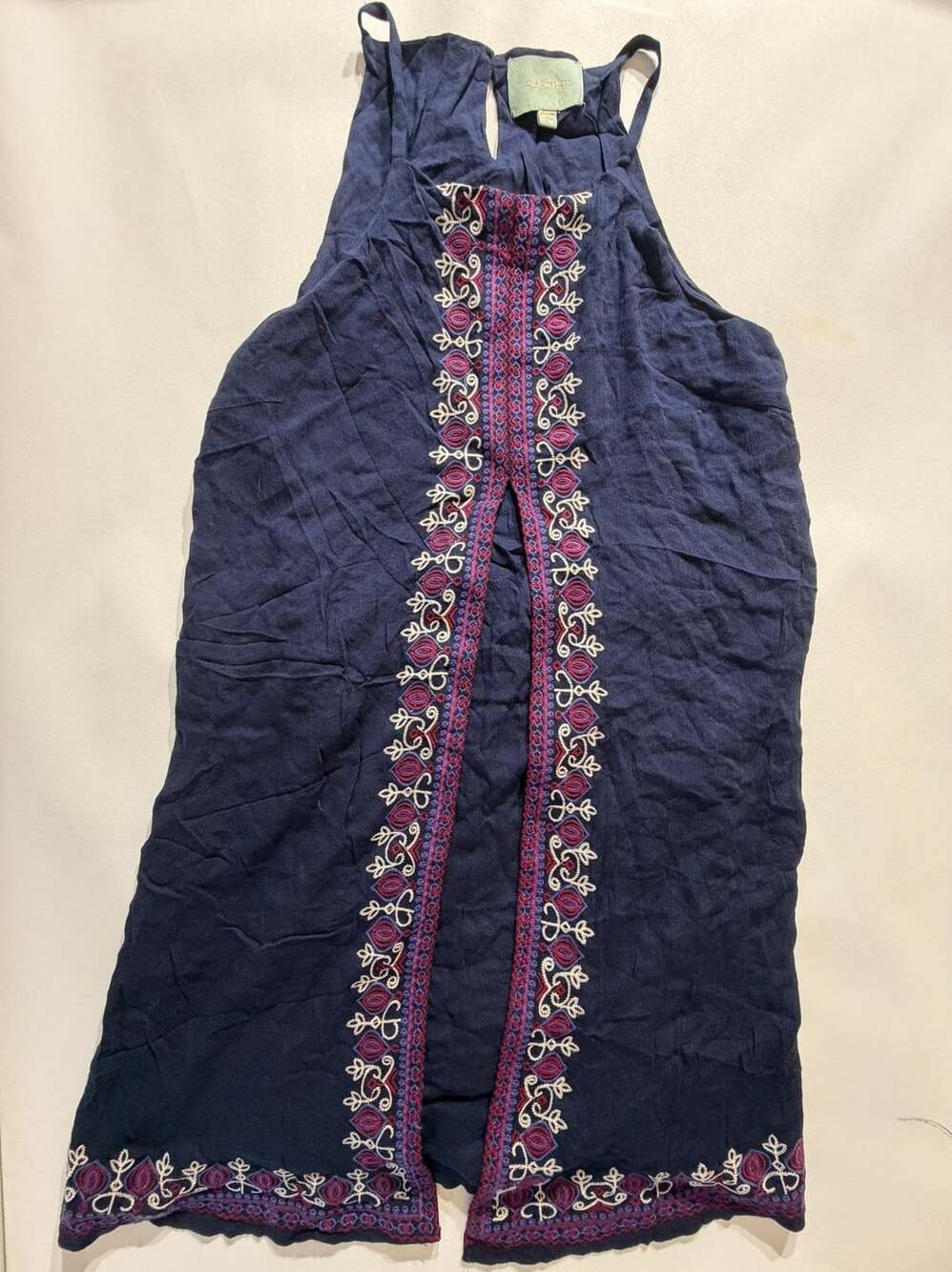 Skies Are Blue Navy Embroidered High Slit Maxi Dress Boho Sleeveless Womens S